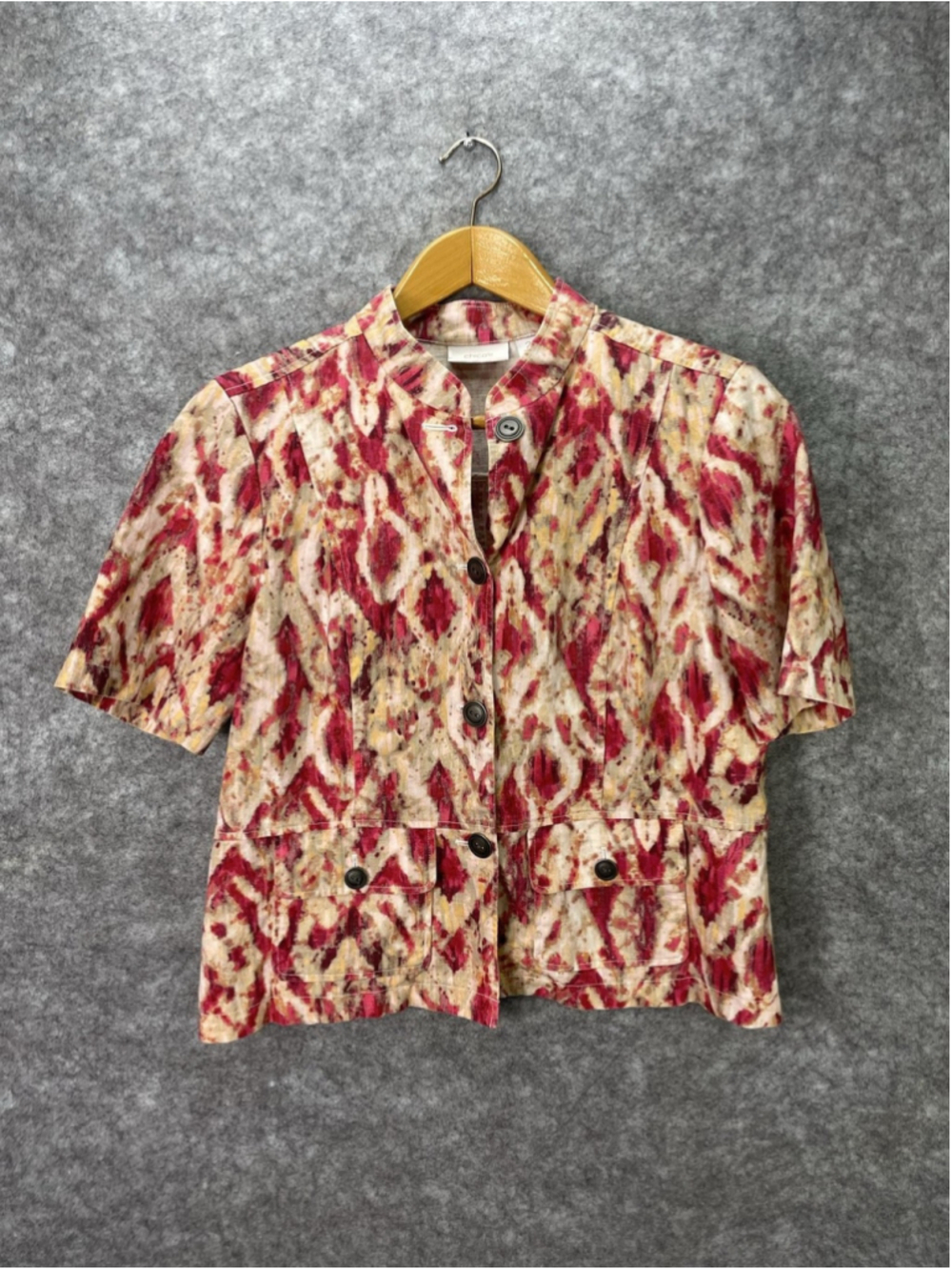 Chicos Shirt Womens 2 Large Geometric Linen Cotton Button Front Short Sleeve Top